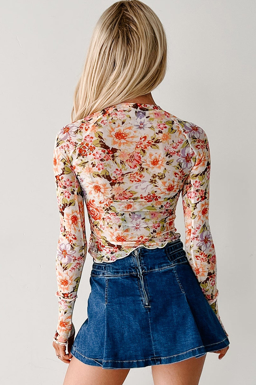 Multicolour Floral Print Mesh Thumbhole Long Sleeve Slim Top