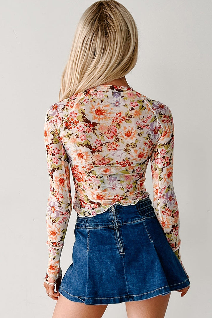 Multicolour Floral Print Mesh Thumbhole Long Sleeve Slim Top