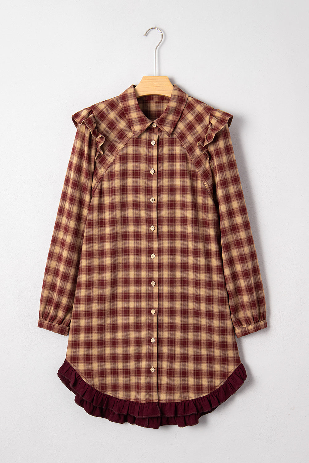 Plaid Print Ruffled Long Sleeve Patchwork Hem Mini Shirt Dress