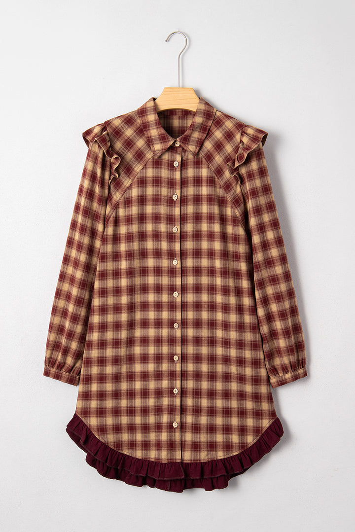 Plaid Print Ruffled Long Sleeve Patchwork Hem Mini Shirt Dress