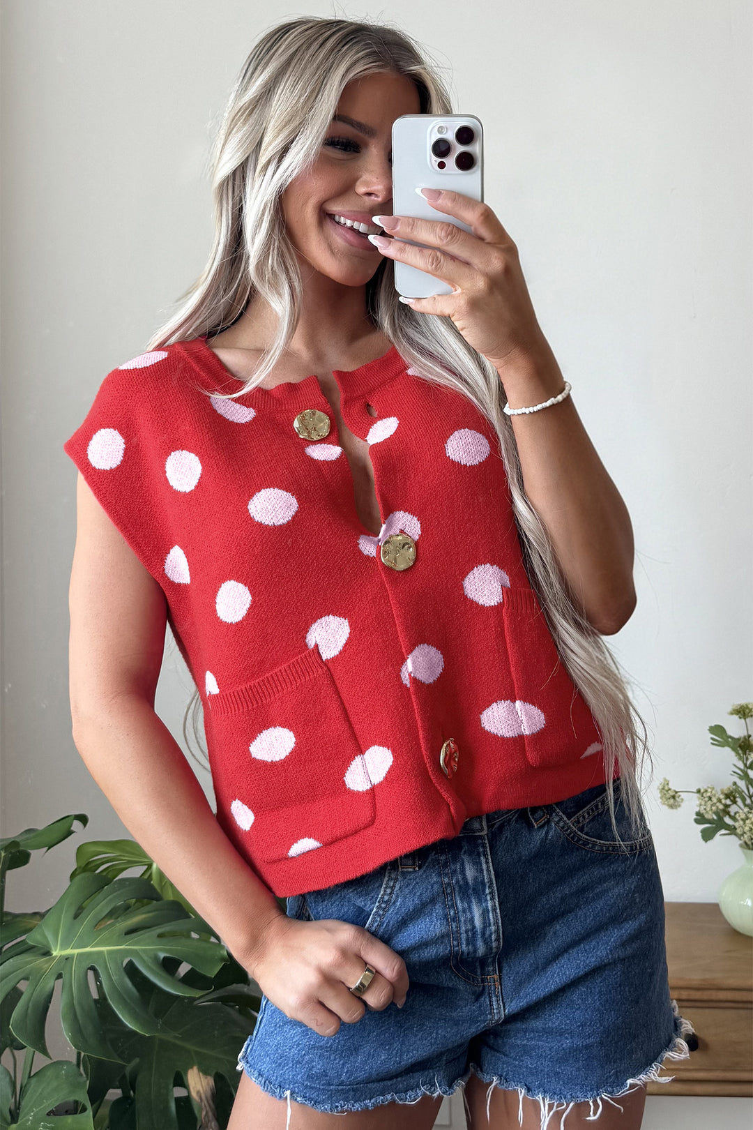 Red Polka Dot Sleeveless Knit Button Drop Shoulder Sweater Vest