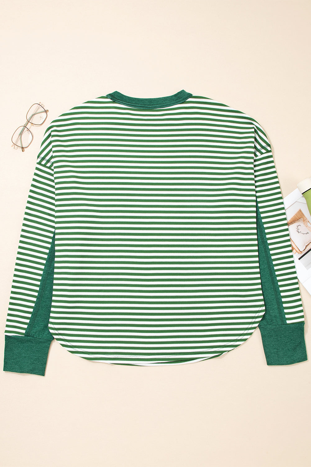 Green Stripe Exposed Seam Patchwork Plus Size Thermal Top
