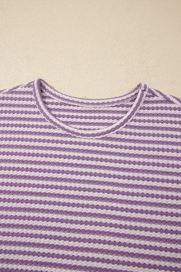 Purple Stripe Breathable Textured Knit Short 2pcs Set