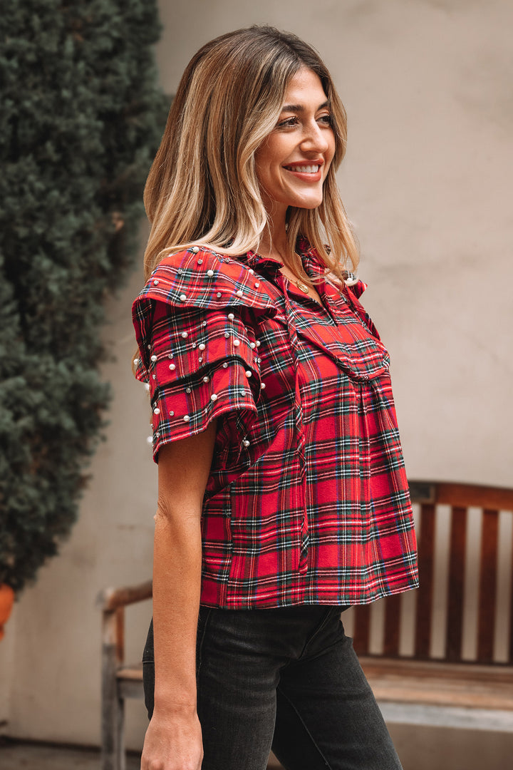 Festive Plaid Pearl Embellished Ruffle Short Sleeve Blouse