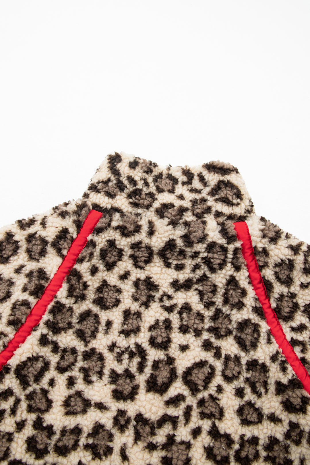 Brown Leopard Print Zip-Up Red Accents Pockets Sweatshirt
