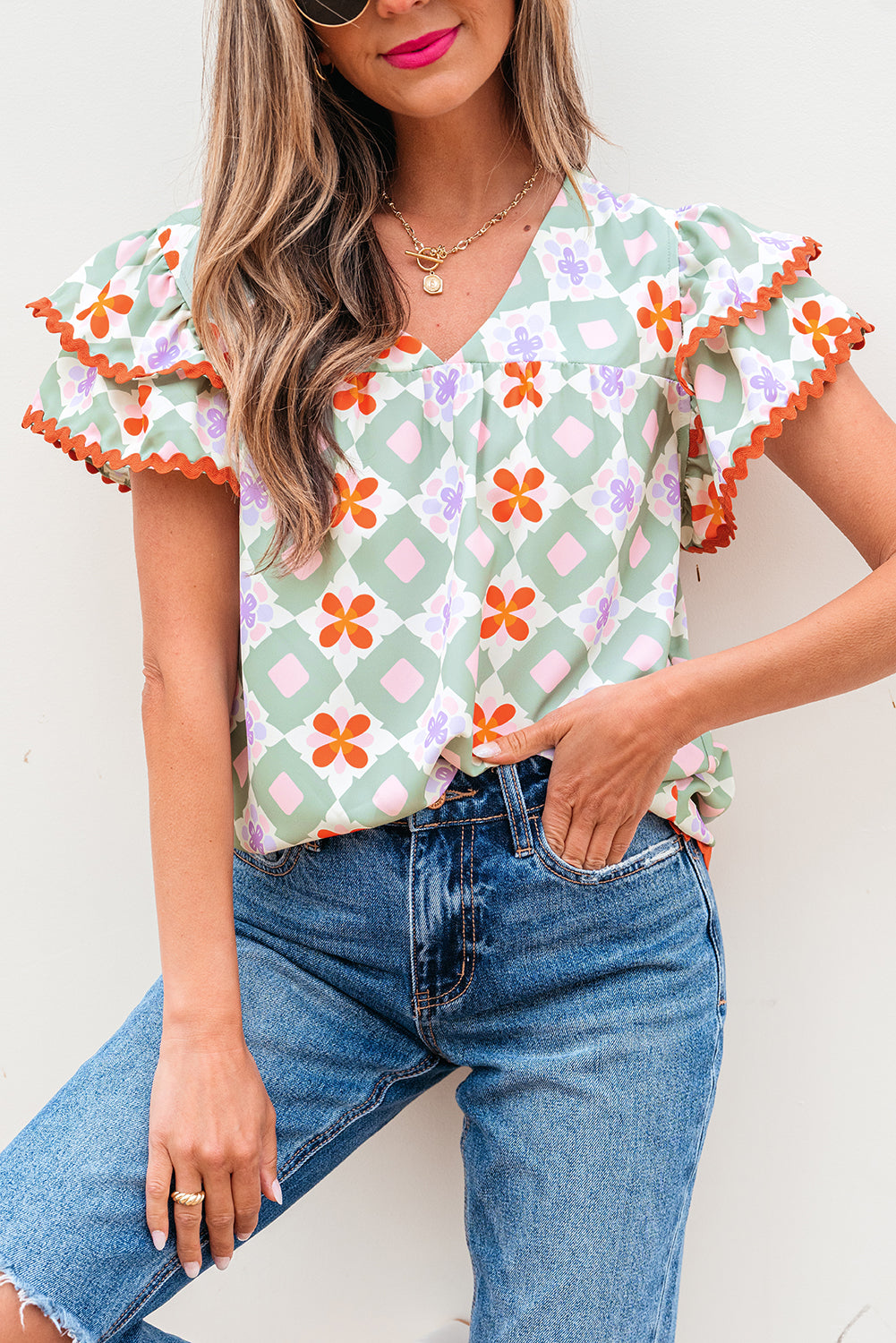 geometric floral print layered flutter sleeve v neck ric rac trim blouse