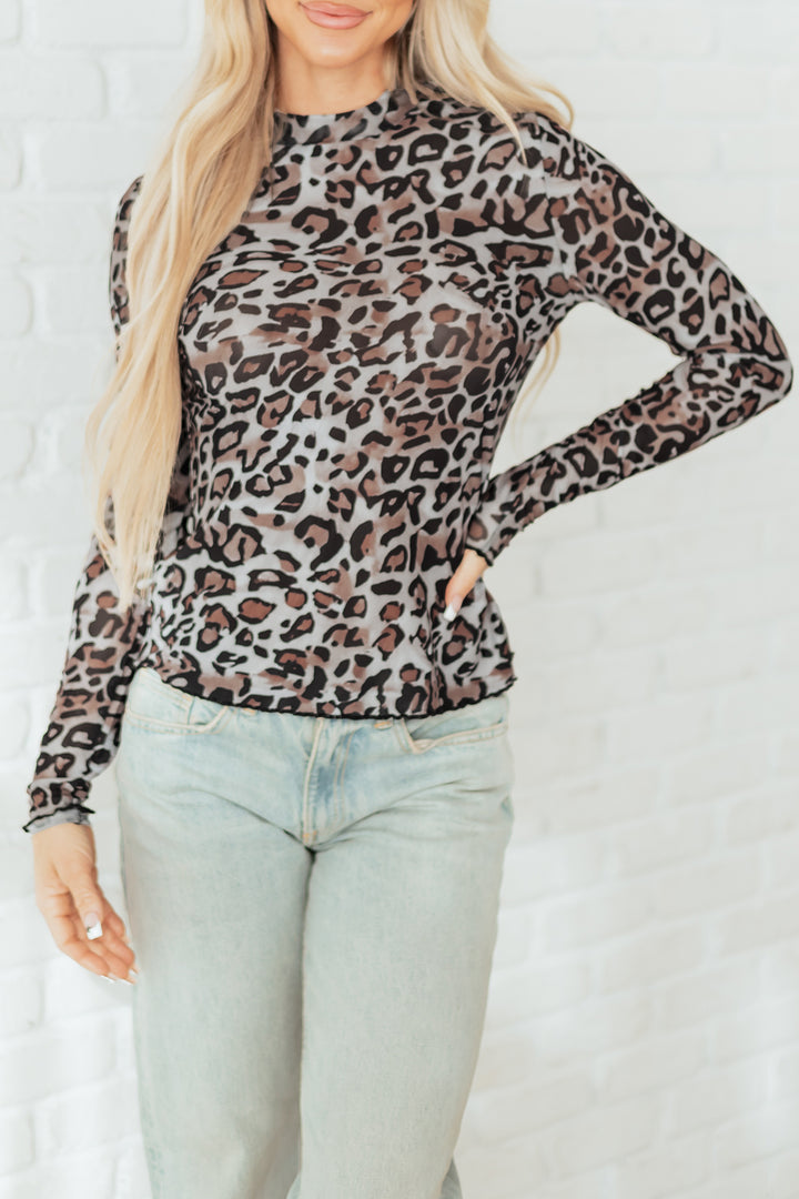 Leopard Mock Neck Mesh Long Sleeve Top