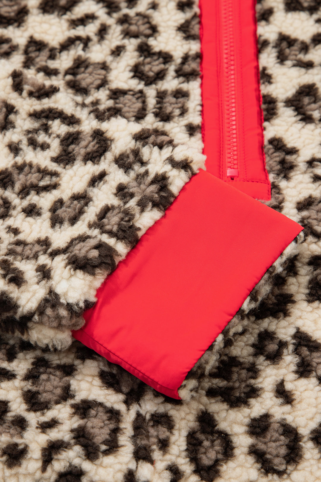 Brown Leopard Print Zip-Up Red Accents Pockets Sweatshirt