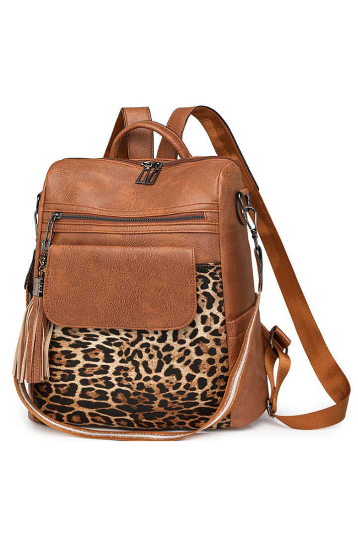 Sac à dos fonctionnel en cuir PU à motif patchwork léopard