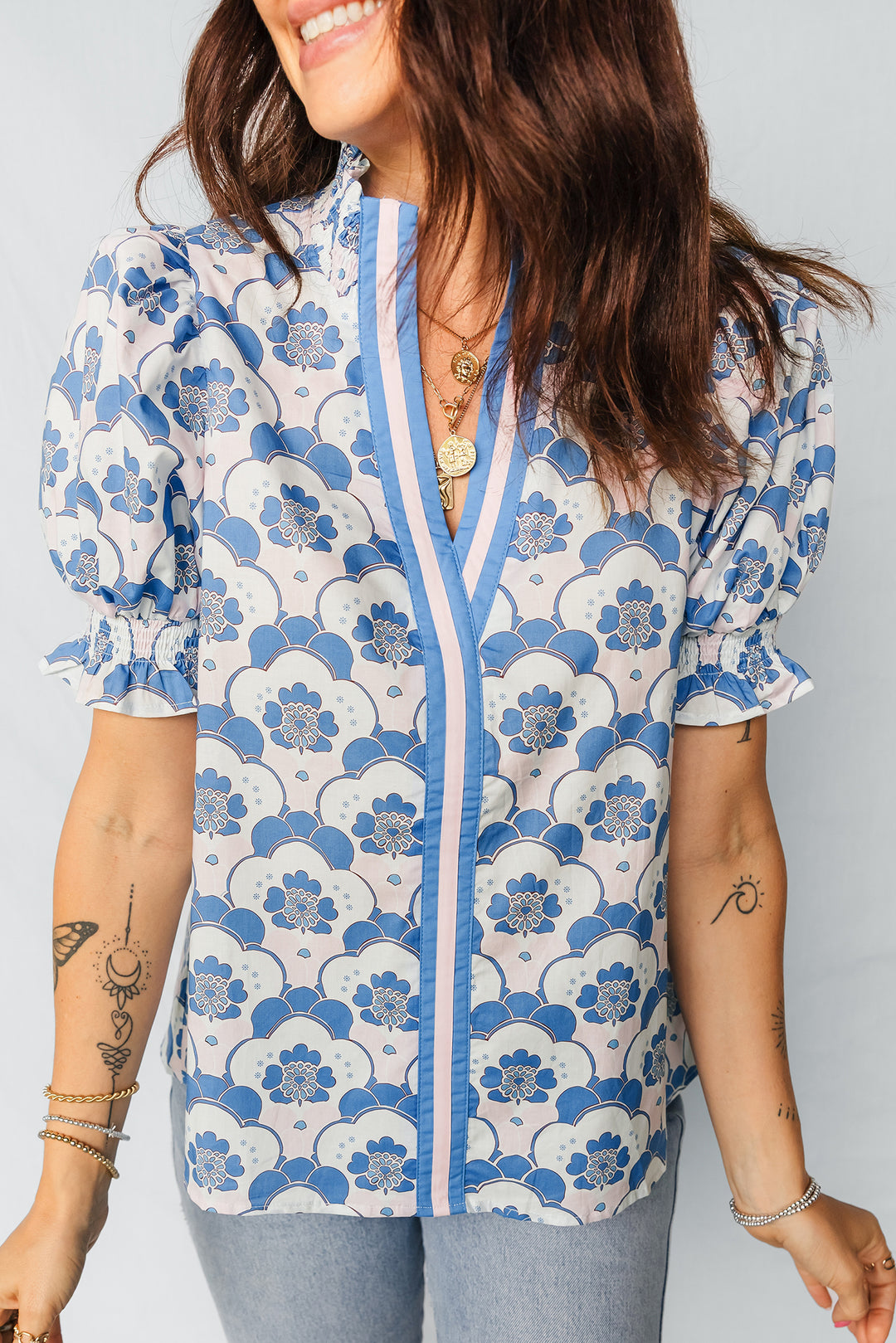 Floral Print Flounced Short Sleeve Contrast Trim V Neck Blouse