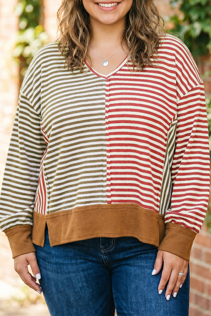 Brown Stripe Striped Oversized Long Sleeve Plus Size Blouse