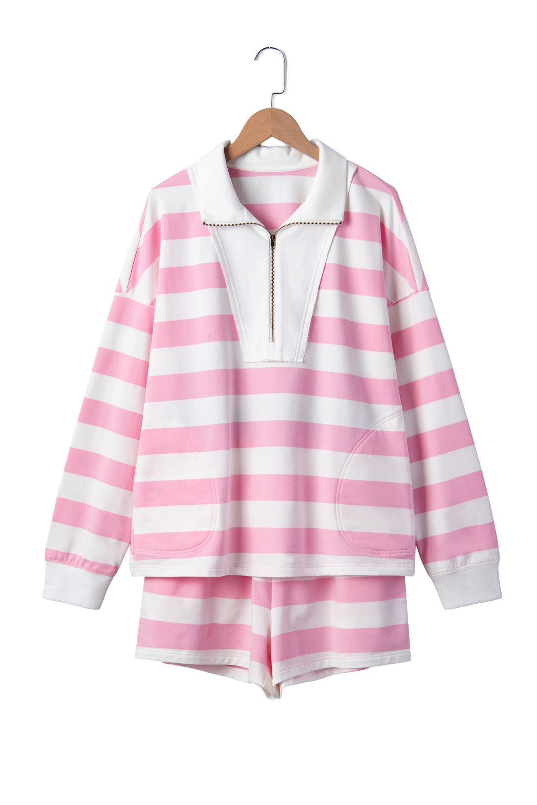Pink Stripe Patchwork Zipper Pullover Elastic Waist Shorts 2pcs Set