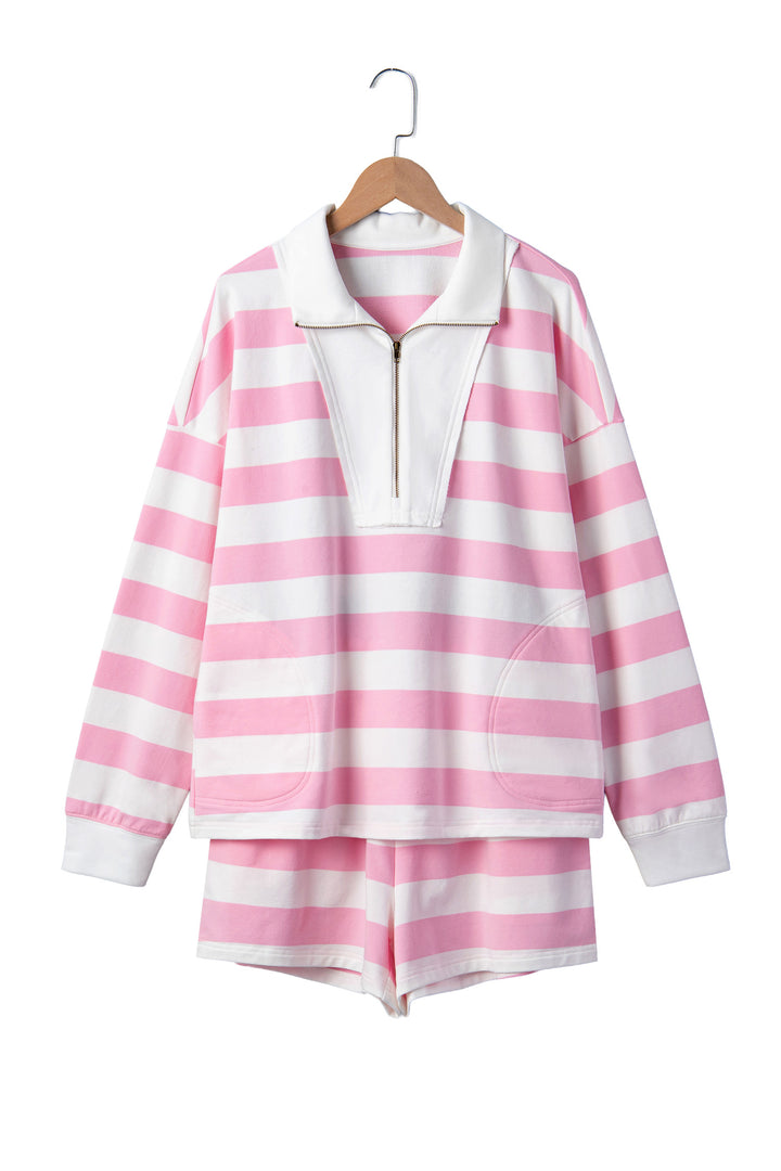 Pink Stripe Patchwork Zipper Pullover Elastic Waist Shorts 2pcs Set