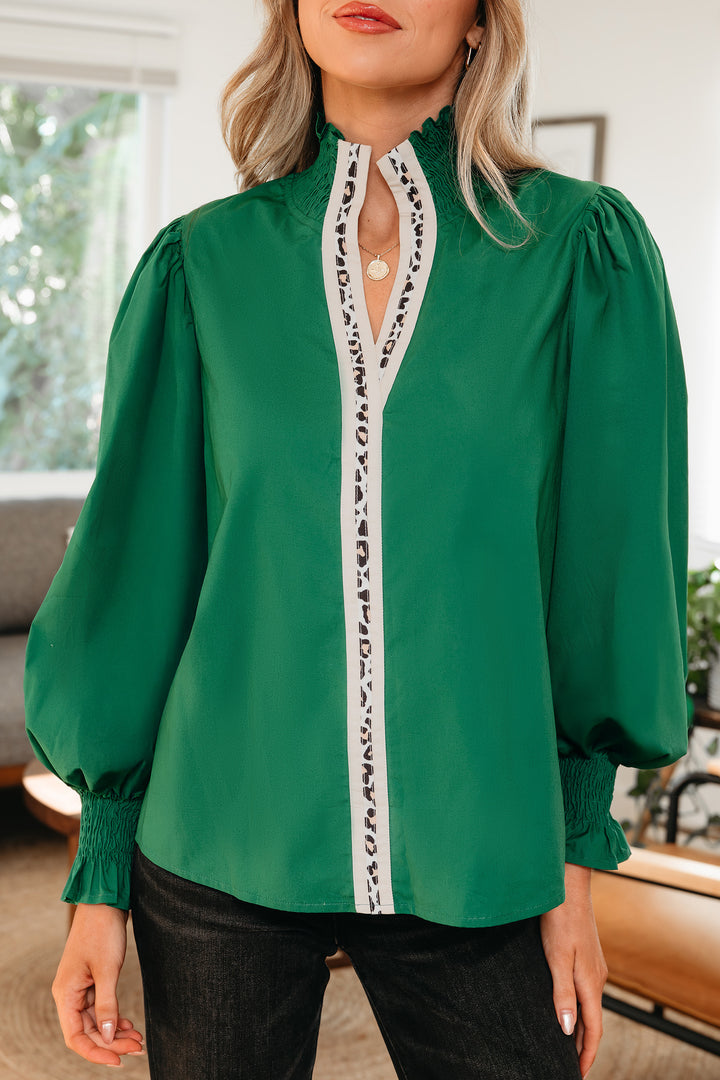 Puffy Flounce Sleeve Leopard Trim V Neck Blouse