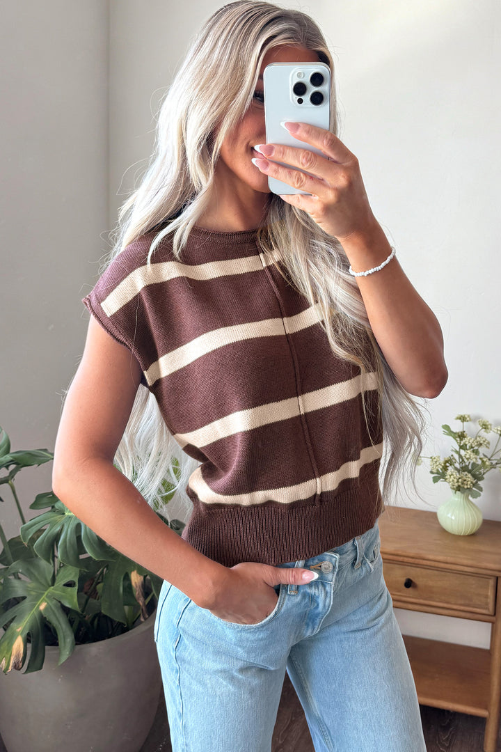 Brown Stripe Knit Western Short Sleeve Sweater