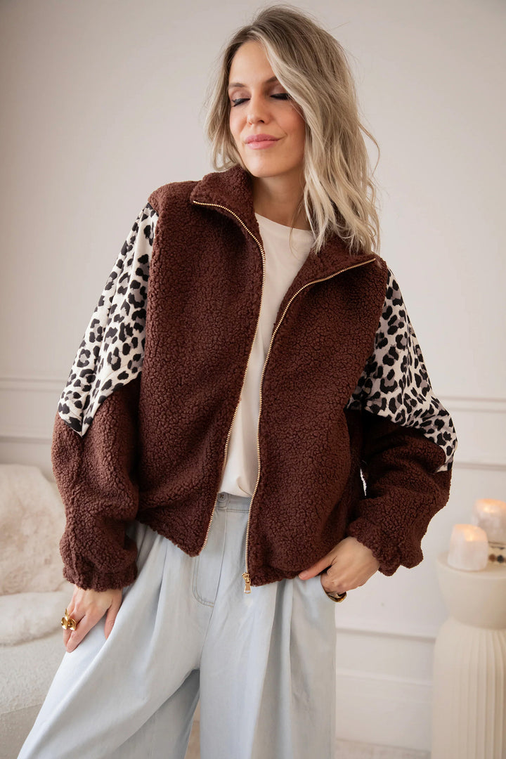 Coffee Leopard Patchwork Fleece Western Style Zip-up Collar Jacket