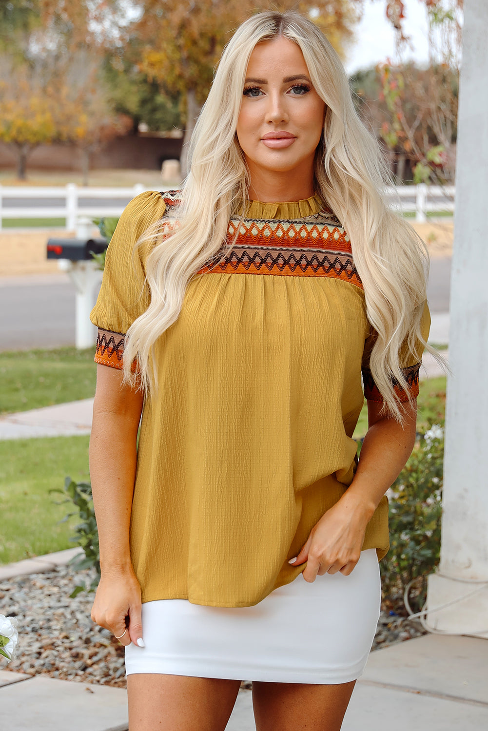 Geometric Short Puff Sleeve Frilled Collar Blouse