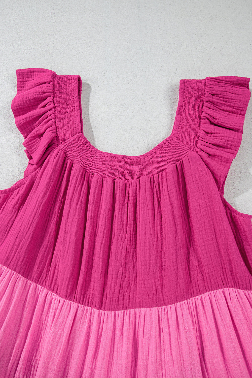 Cute Pink Crinkled Colorblock Patchwork Flutter Tiered Mini Babydoll Dress