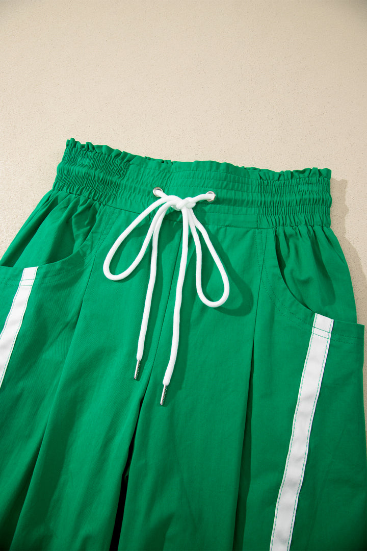 Bright Green Contrast Striped Smocked Waist Drawstring Cropped Casual Pants