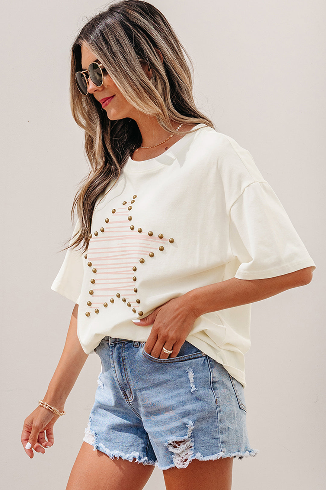 Cute Beige Star Print Stud Detail Cotton Jersey Top
