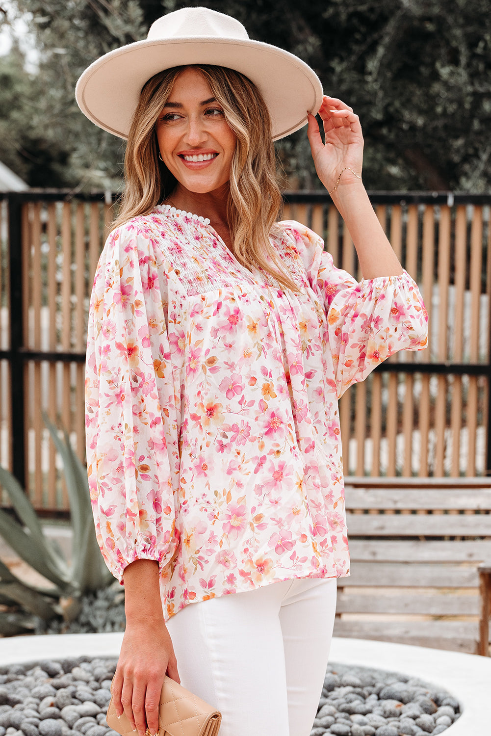 Floral Print Tassel Tie Smocked V Neck Puff Sleeve Tunic Blouse