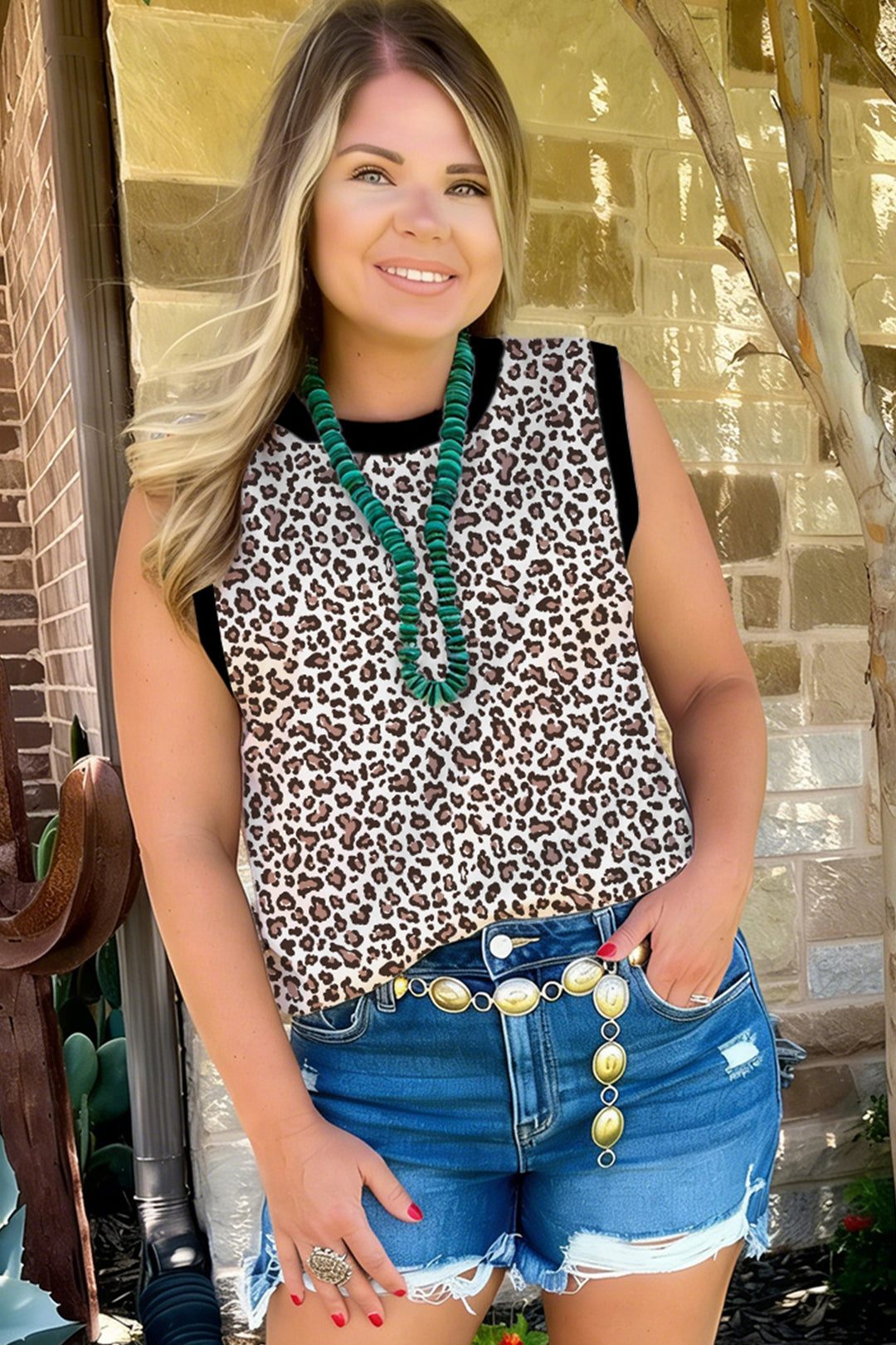 Khaki Contrast Trim Plus Size Leopard Vest