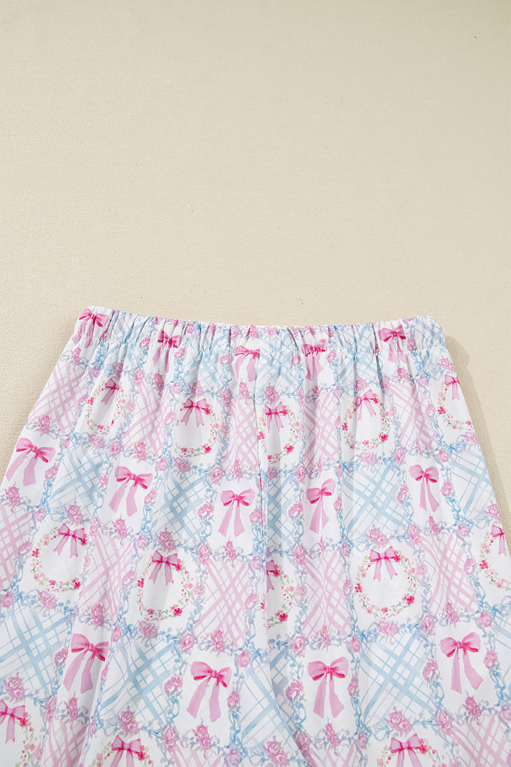 Pink Bow Wreath Pattern Christmas Holiday Tied Front Long Sleeve 2pcs Pajama Set