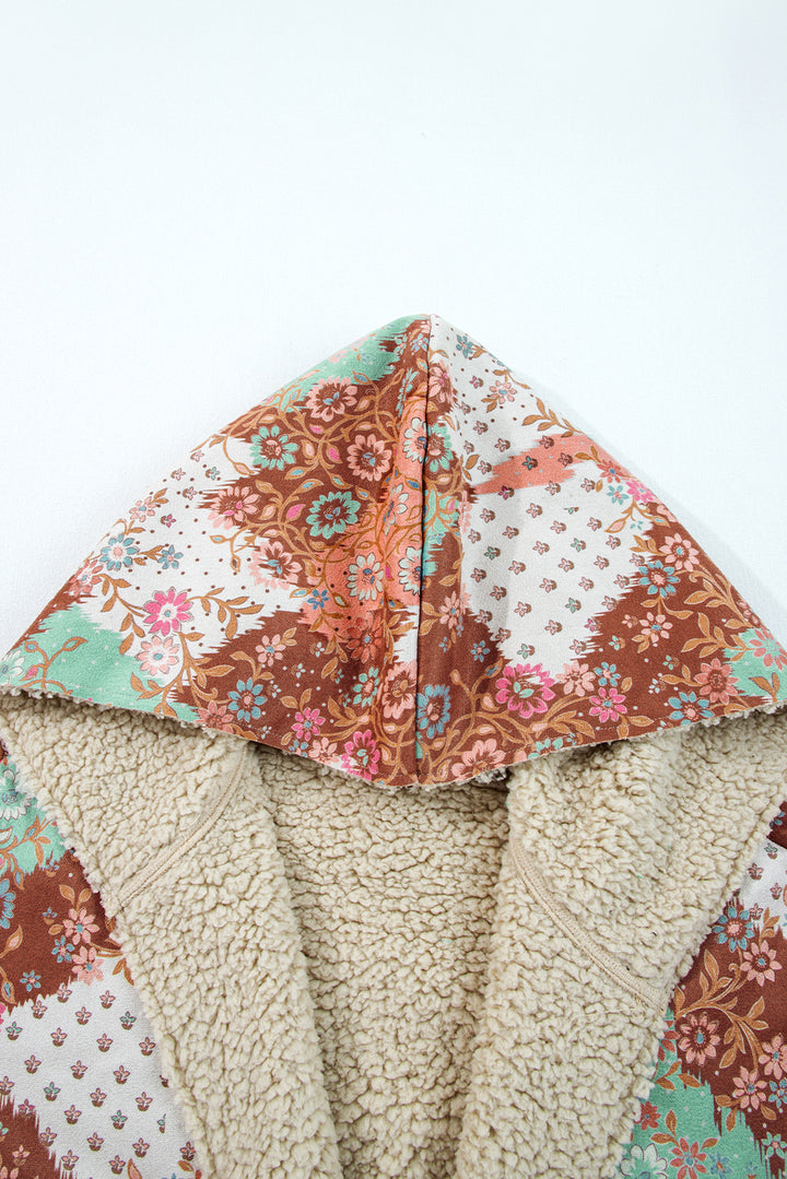Khaki Vintage Floral Printed Sherpa Lined Hooded Jacket