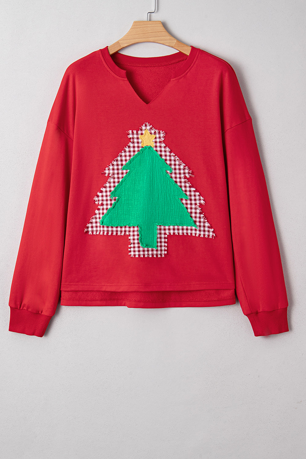 Plaid Frayed Double Christmas Tree Patched Drop Shoulder Sweatshirt