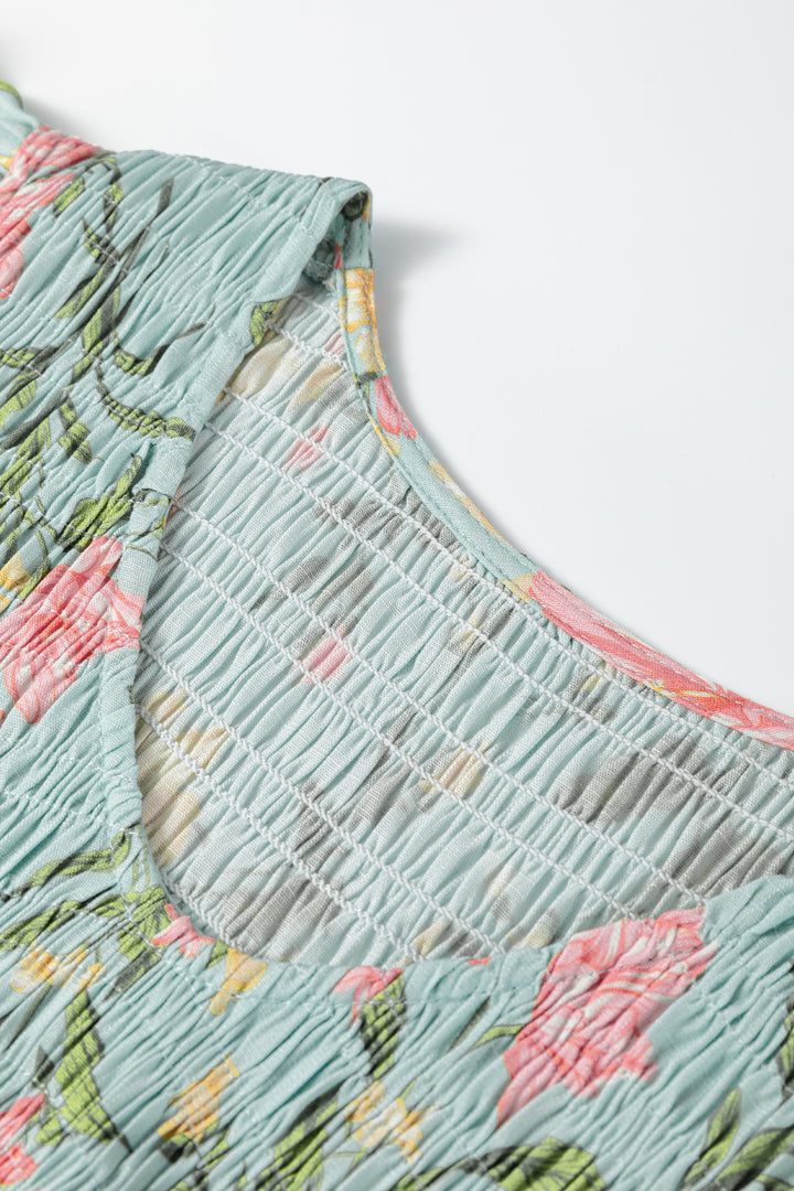 Smocked Bodice Ruffled Sleeveless Tiered Floral Maxi Dress