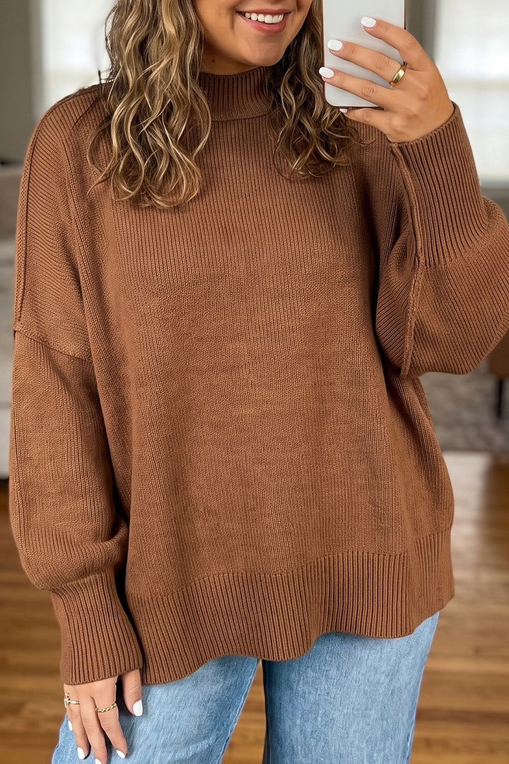 Chestnut Oversized Ribbed Knit Tunic Plus Size Sweater