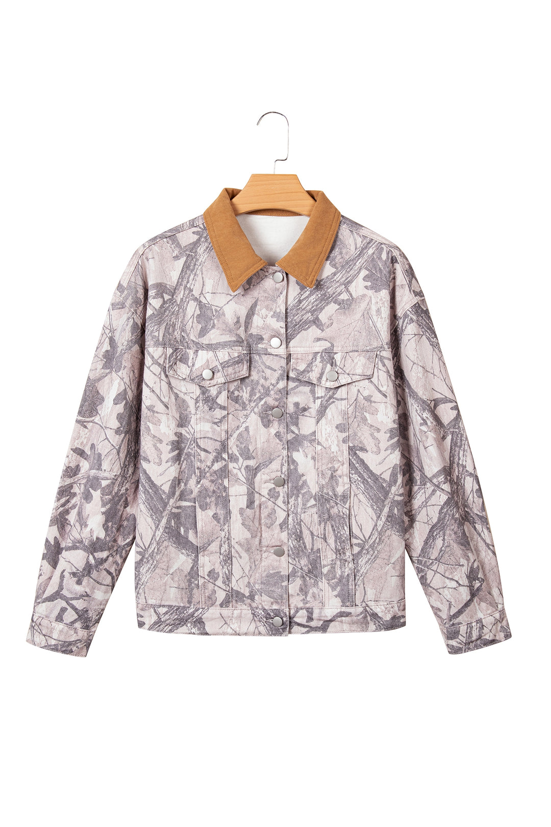 Gray Abstract Camo Print Colorblock Collar Oversized Shift Silhouette Denim Jacket