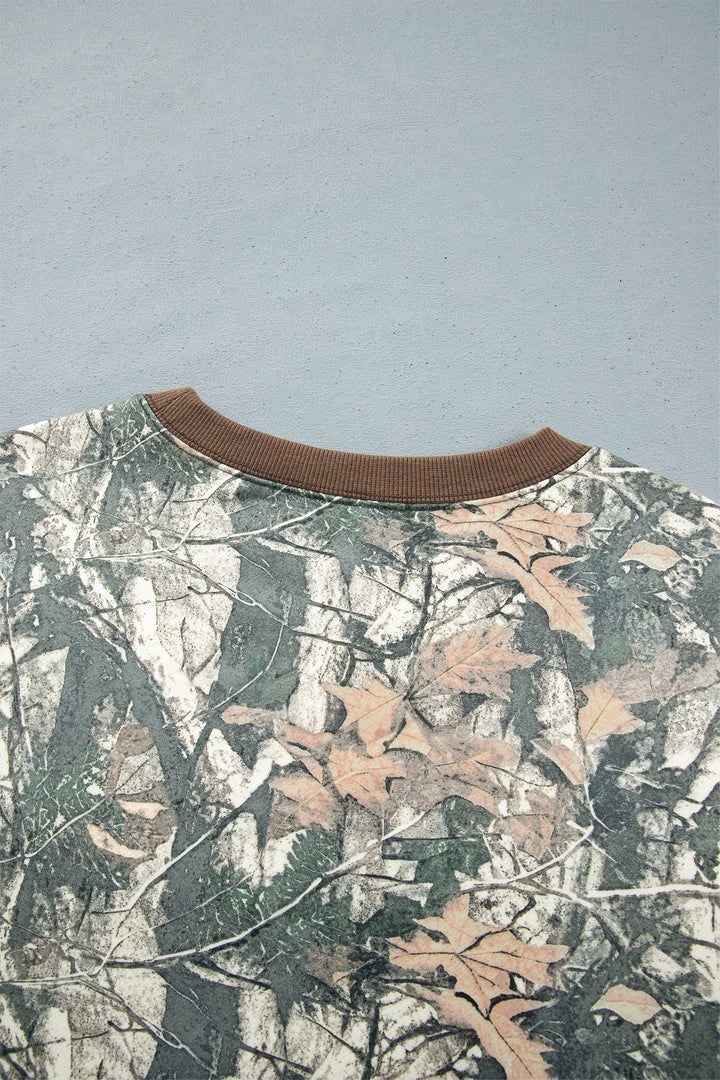 Brown Jungle Camouflage Print Long Sleeve Top Plus Size Pant Set