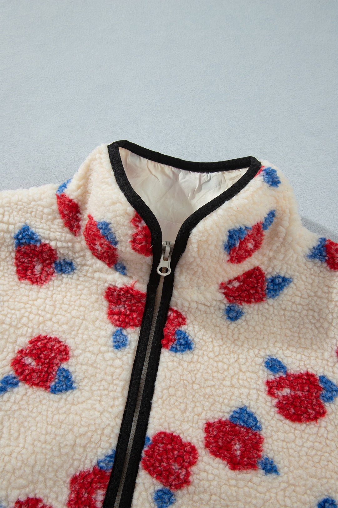 White Floral Print Zipper Stand Neck Outerwear Fleece Coat
