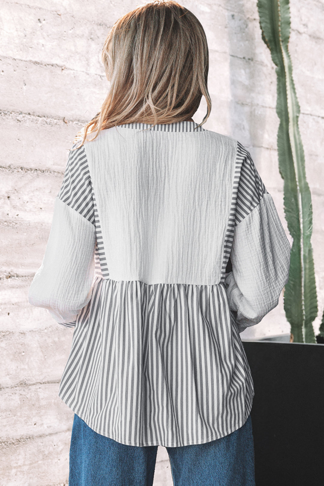 Half Button Gauze Patchwork Bracelet Sleeve Babydoll Blouse
