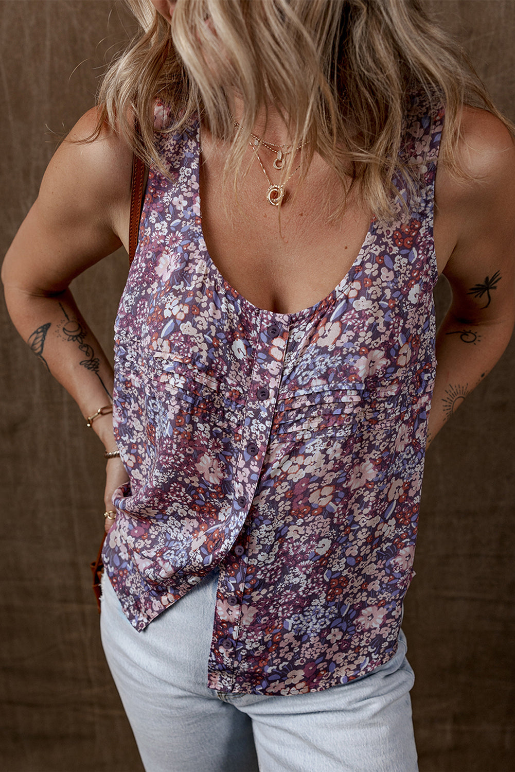 boho floral pleated buttoned front tank top