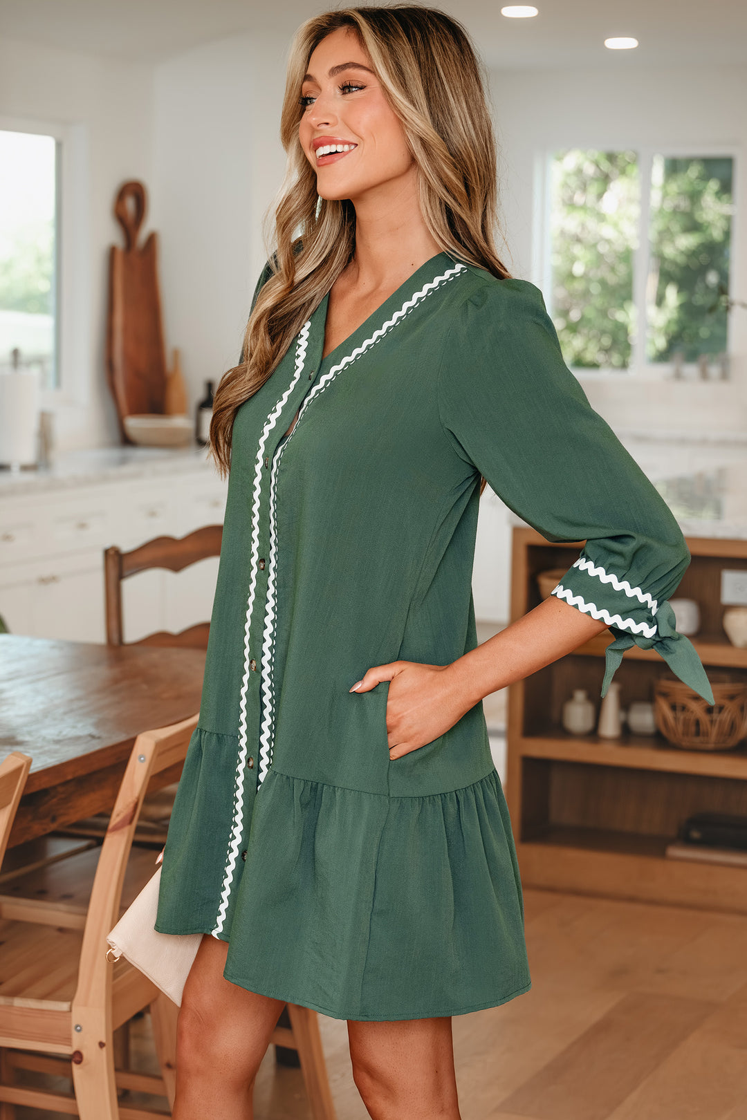 Contrast Ricrac Trim Button V Neck Knotted Bracelet Sleeve Shift Dress