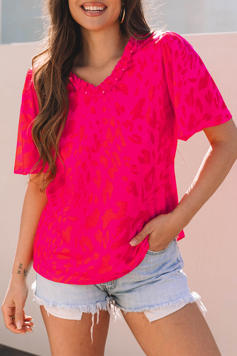 Leopard Frilly V Neck Short Sleeve Blouse