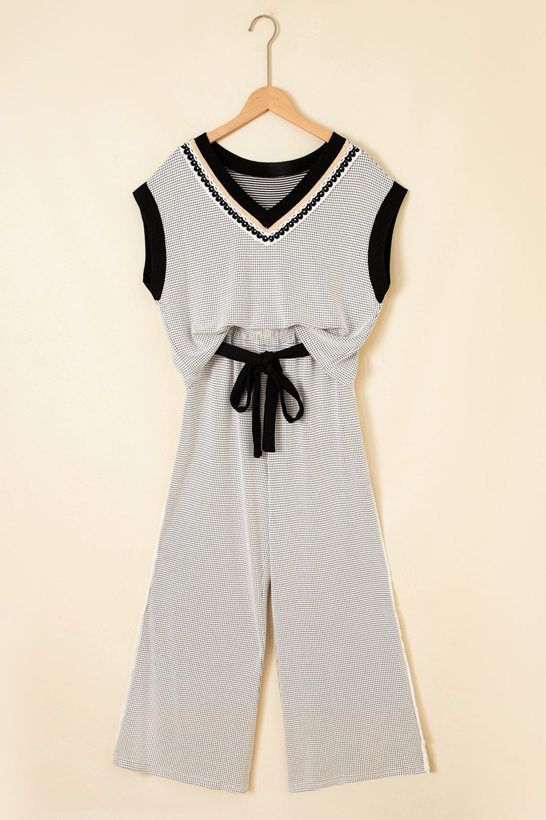 Beige Stylish Knit Lace Colorblock Trim Tank Drawstring Wide Leg Pants Set