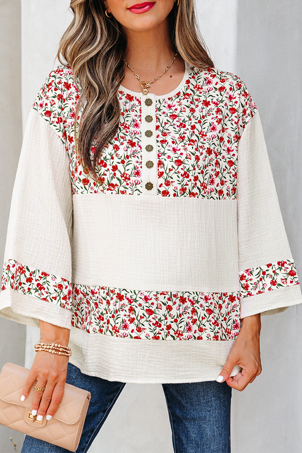 Floral Print Gauze Patchwork Henley Button 3/4 Sleeve Blouse