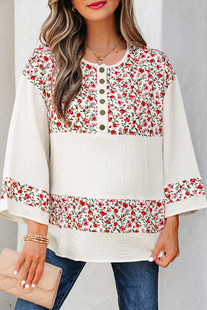Floral Print Gauze Patchwork Henley Button 3/4 Sleeve Blouse