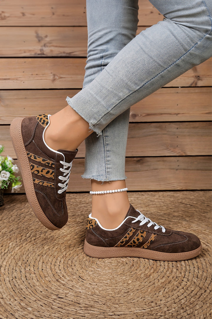 Contrast Lace-up Leopard Patchwork Detail Faux Suede Shoes