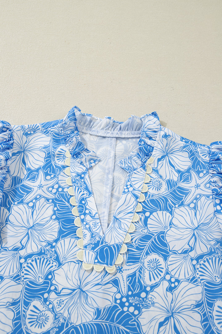 Sky Blue Oceanic Floral Print Scalloped Trim V Neck Short Sleeve Blouse