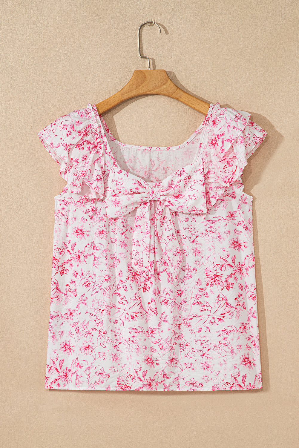 Bluse mit Blumenmuster, Rüschen, kurzen Ärmeln, Schleife hinten und quadratischem Ausschnitt