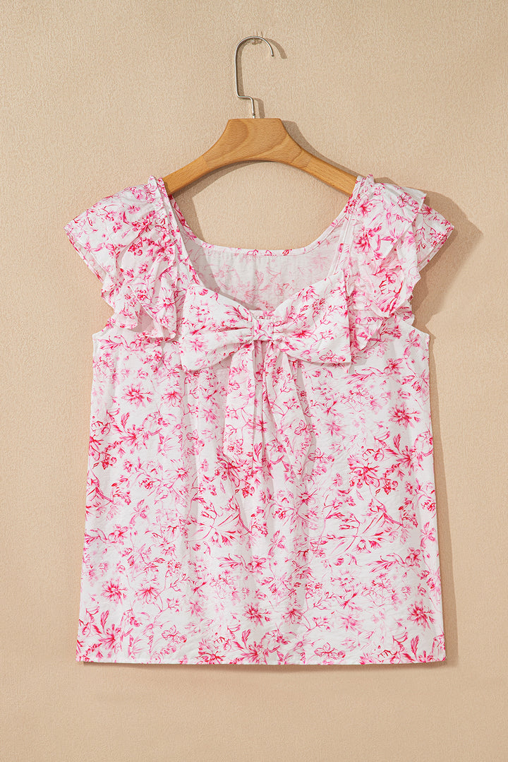 Bluse mit Blumenmuster, Rüschen, kurzen Ärmeln, Schleife hinten und quadratischem Ausschnitt