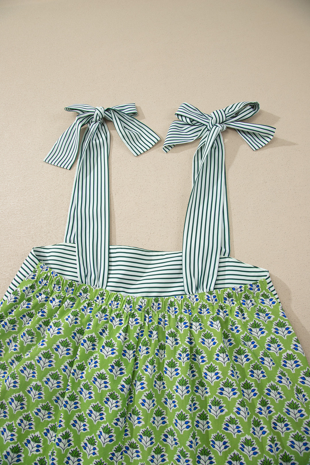 Green Floral Printed Knot Straps Babydoll Tank Top