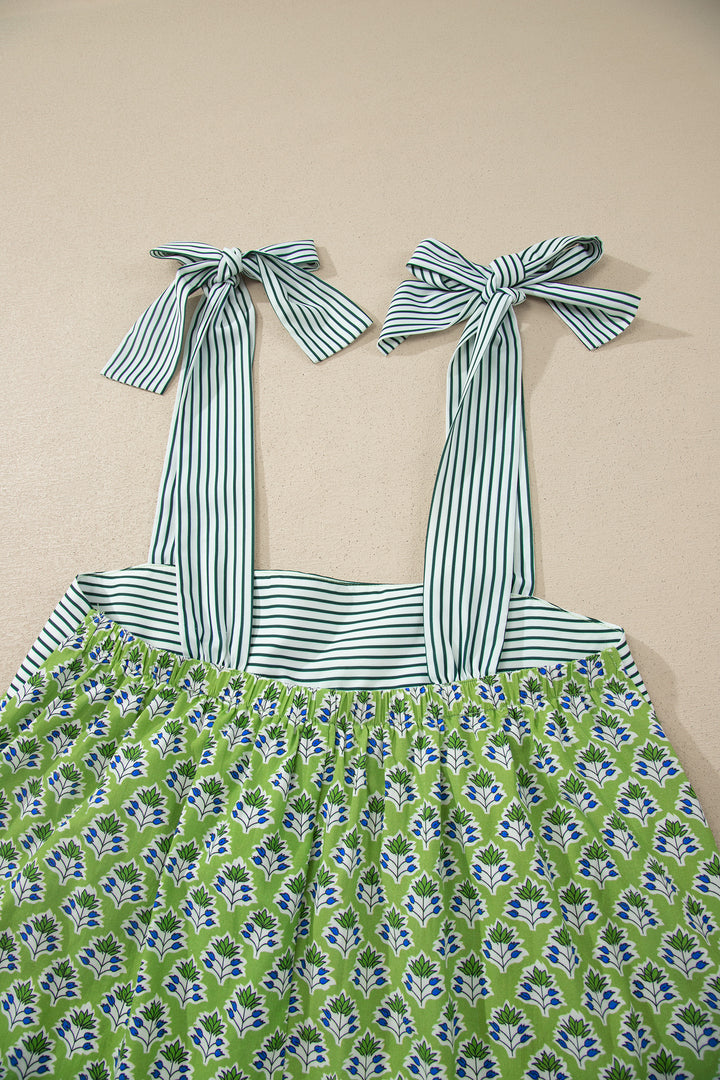 Green Floral Printed Knot Straps Babydoll Tank Top