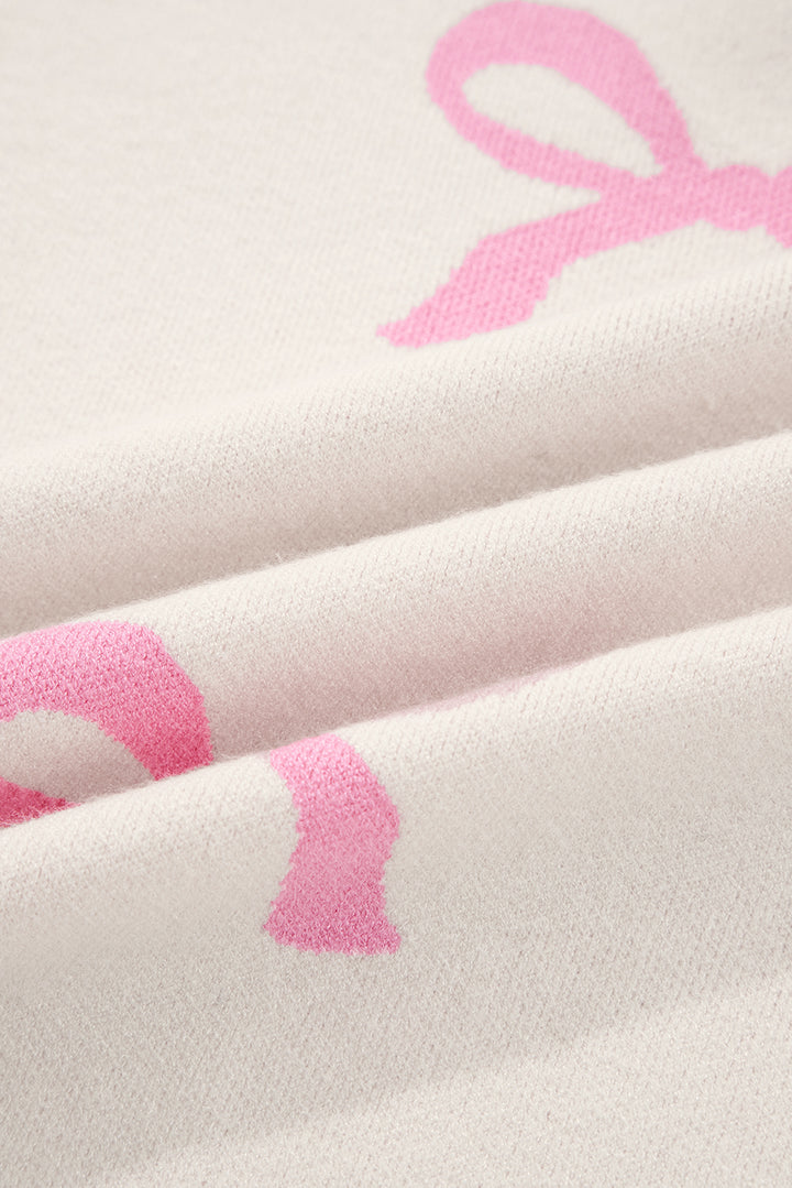 Pink Bow Print Ribbed Trim Exposed Seam Drop Shoulder Loose Sweater