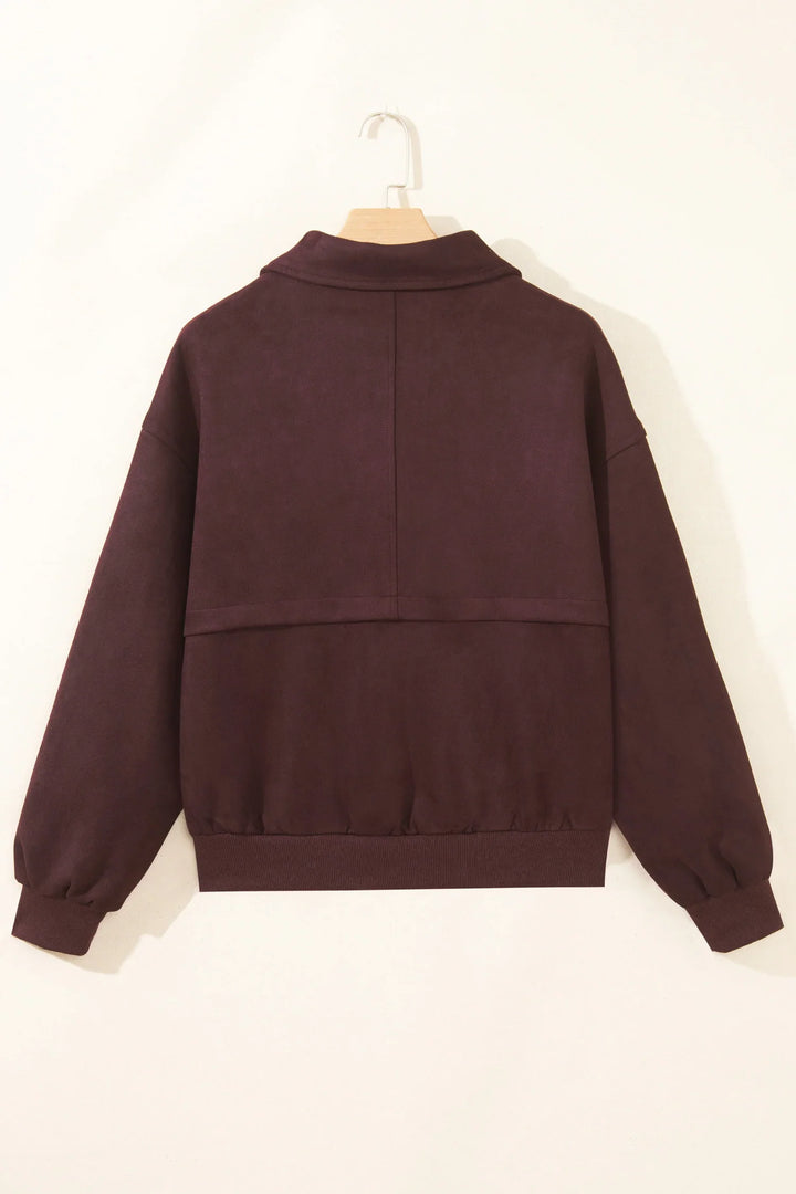 Chicory Coffee Solid Zip-up Metal Placket Collar Long Sleeve Jacket
