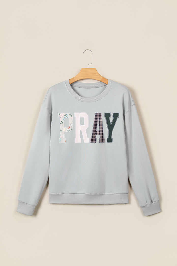 Gray Floral Buffalo Plaid Striped Embroidered Patch Western Pullover Sweatshirt